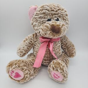 Animal Adventure Valentines Bear Plush 13” Frosted Brown Fur Pink Bow Heart Feet